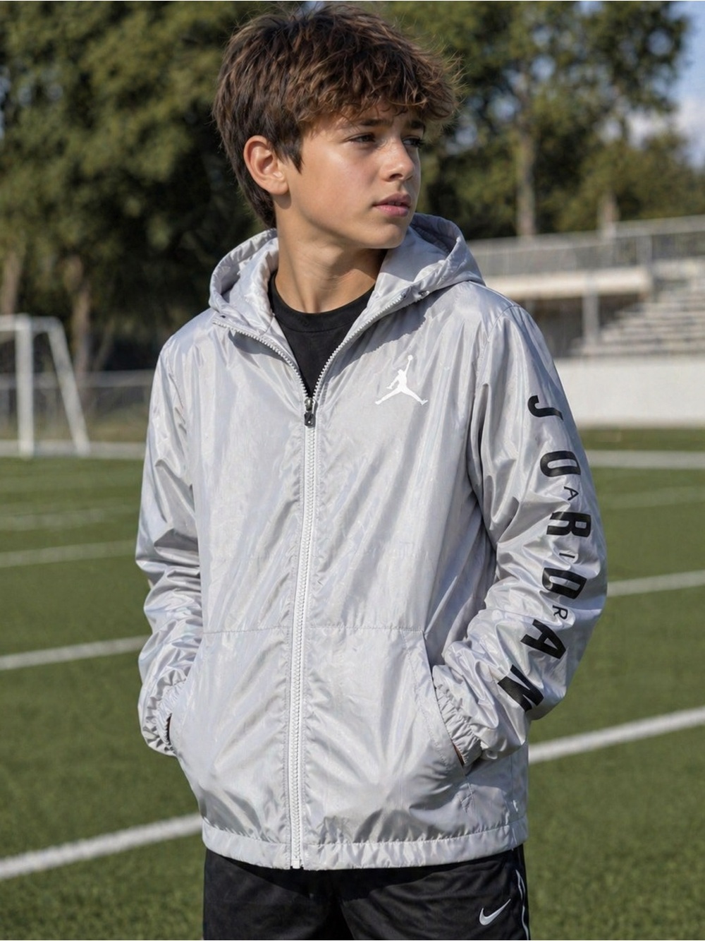 Jordan Light Gray Hooded Jacket-Youth Large